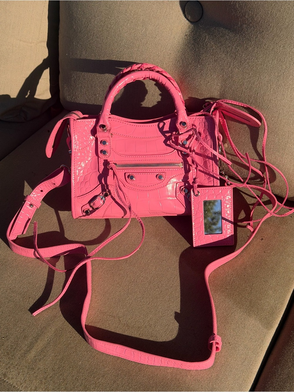 Pink gator leather city bag size small with strap and mirror